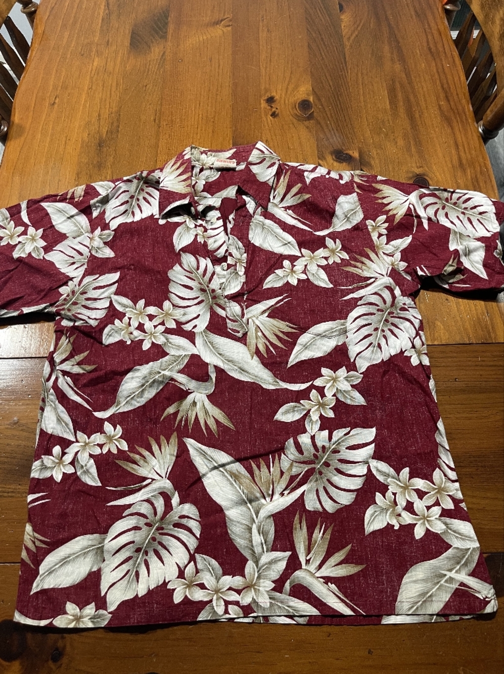 GO BAREFOOT Vintage Mens Hawaiian Red Tan White‎ Floral Leaf 1/4 Button SS Shirt